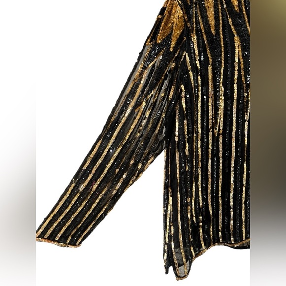 Silk sequin gold and black long sleeve blouse - Picture 2 of 6